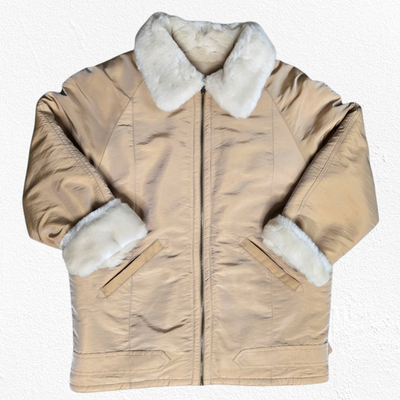 1990s Vintage Beige Tan Faux Shearling Lined Full Zip Y2K Jacket Size Medium - Picture 1 of 10